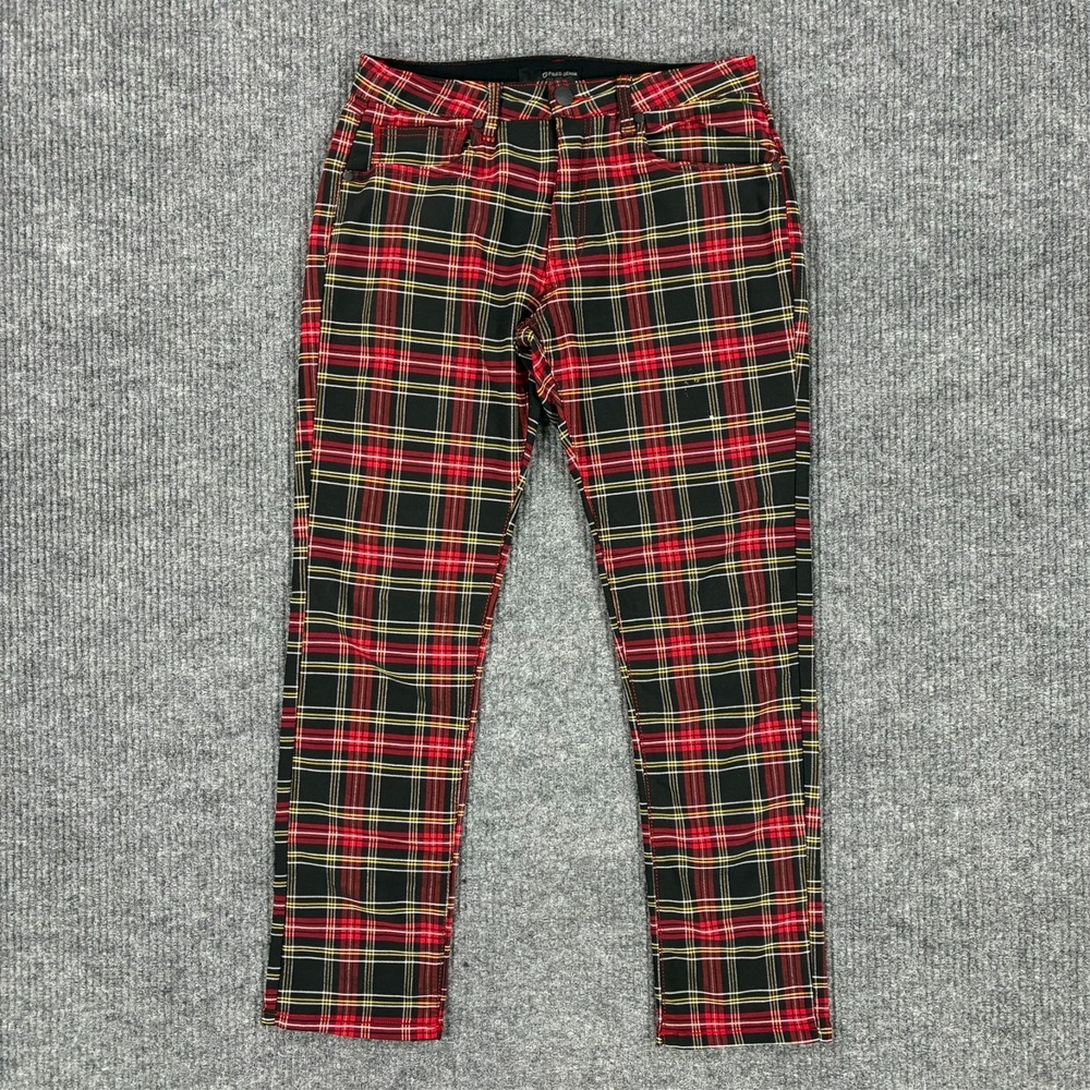 Fried Denim Mens 36x30 Red Black Plaid Stretch Pants Tartan Skinny Casual